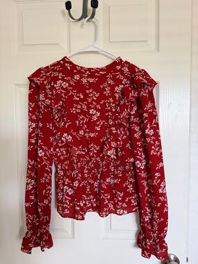 Women’s Red Floral Ruffle Peplum Blouse - Open Back